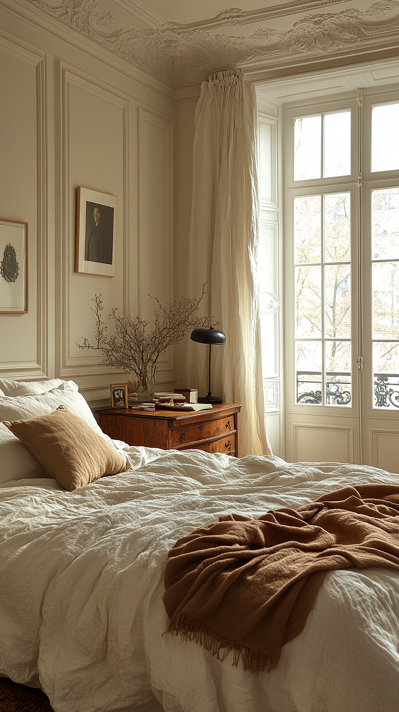 Image of a luxurious bedroom with classic decor, featuring a bed with white linens and a beige pillow and blanket, a wooden nightstand with a lamp, books, and framed pictures, tall windows with light curtains, intricate ceiling molding, and framed artwork on the walls, creating a warm, inviting, and cozy atmosphere.