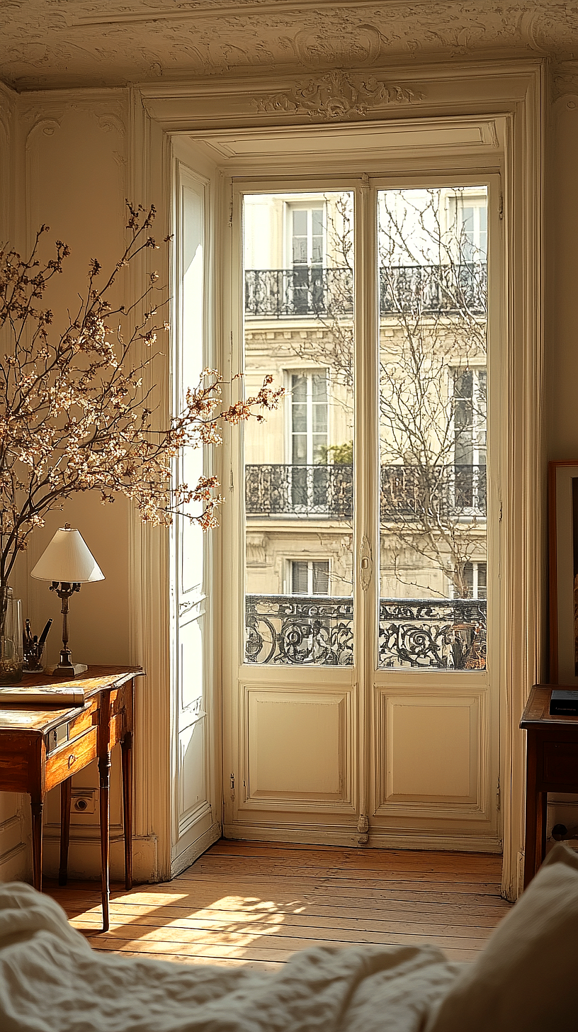 Sunlit room with large window revealing intricate wrought iron details and a view of a classic European building. A wooden desk adorned with a small lamp and trinkets, and a charming vase with flowering branches, contributes to the rooms homey and elegant atmosphere.