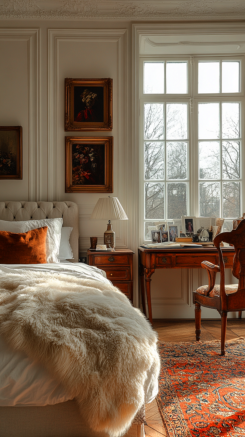 An elegant and cozy bedroom with a classic tufted headboard, wooden nightstand, and a bed adorned with white and rust-colored pillows and a plush fur throw. Framed artworks hang above the bed and a wooden desk filled with photos and books is nearby along with an ornate chair and patterned rug. A large window allows natural light to flood the room, creating a warm and inviting atmosphere.