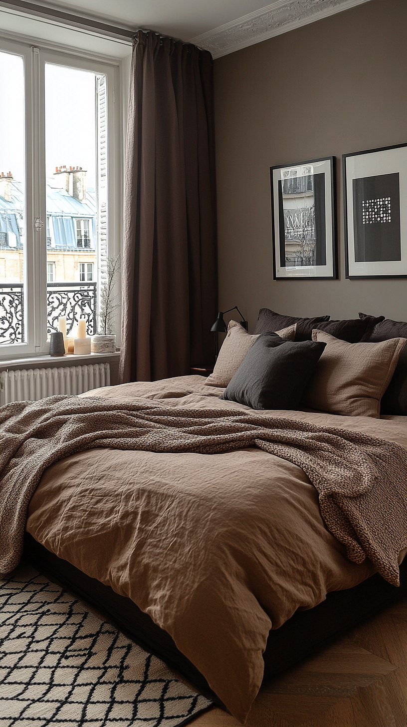 Cozy and earthy-toned bedroom featuring a large bed with beige and brown linens, a patterned rug, candles and a plant on the window sill, and personal touches like framed pictures above the bed, creating a warm, welcoming, and uniquely characterful space.