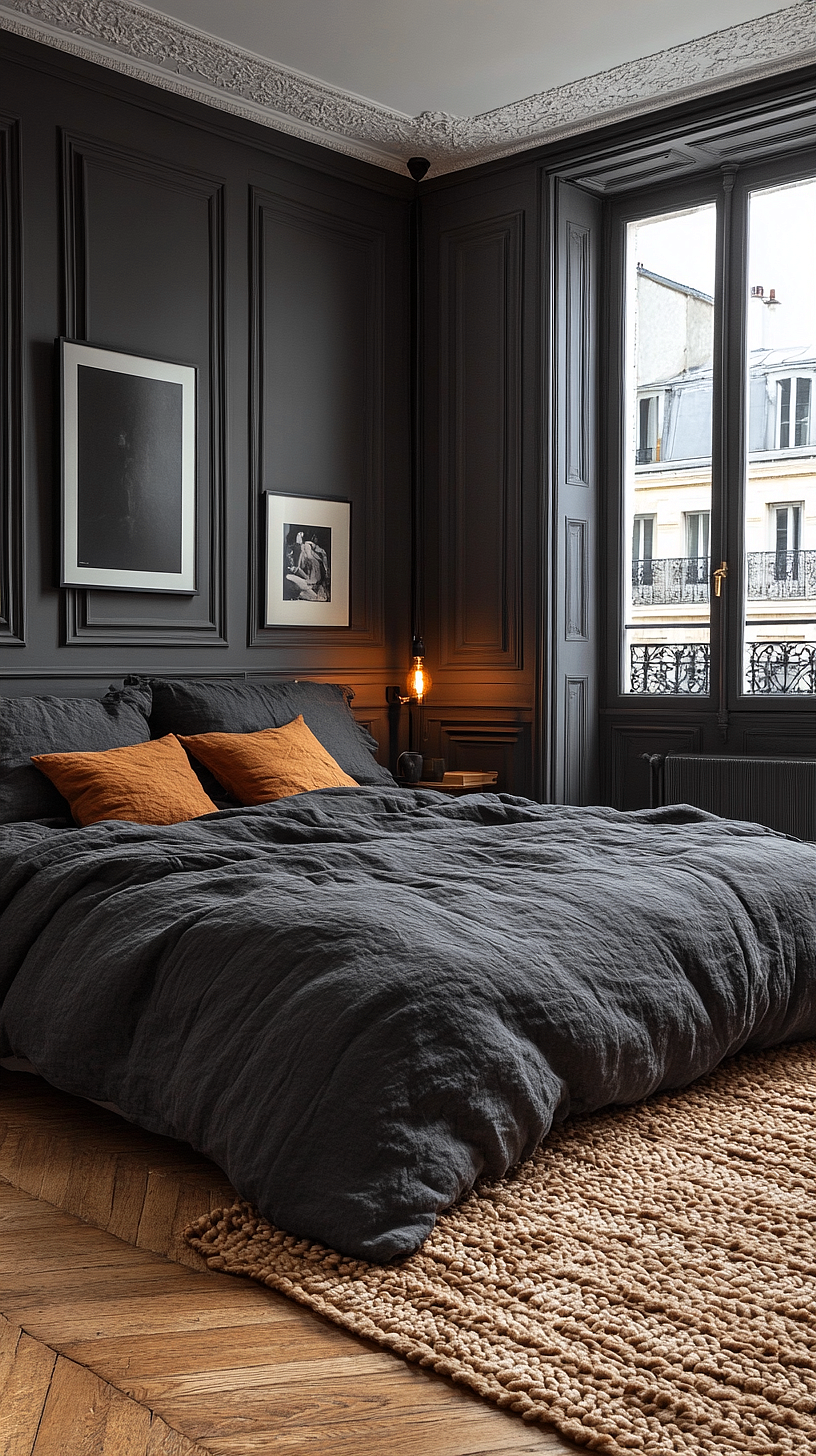 Stylish and cozy bedroom with dark gray walls featuring elegant molding, a large window for natural light, gray bedding with orange accent pillows, an industrial-style bedside light, a textured rug over wooden flooring, and framed artwork on the walls.