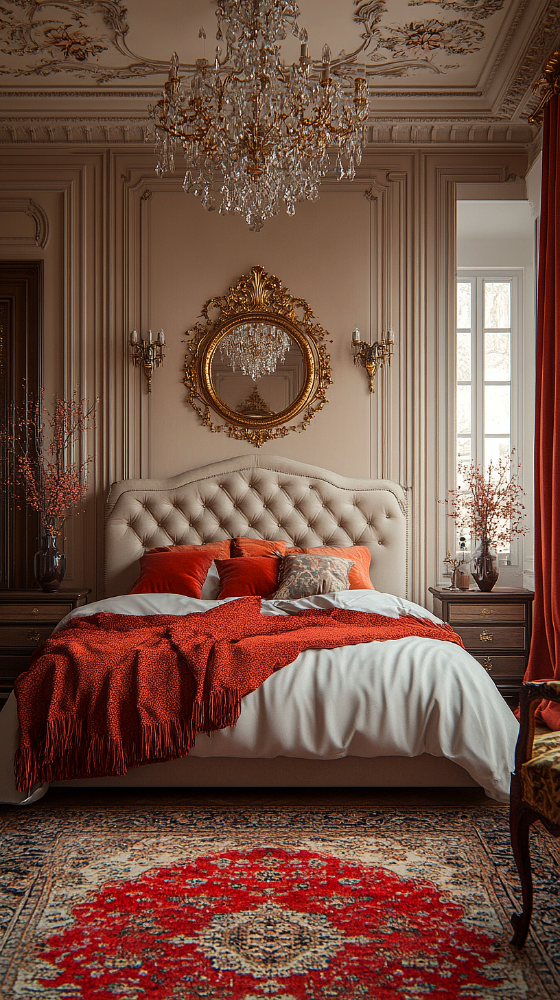An elegantly decorated bedroom featuring a luxurious chandelier, ornate ceiling moldings, a large bed with a tufted headboard covered in white and red bedding, accented by decorative pillows. The room also includes practical nightstands with decorative vases and floral arrangements, an ornate gold-framed mirror above the bed, and a red and white patterned rug. Natural light floods in through a window with red curtains.