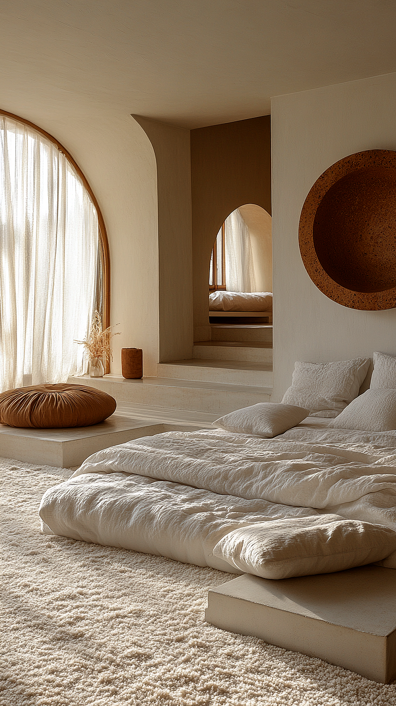 Minimalist bedroom design with a neutral color palette, featuring a low platform-style bed with textured bedding, arched windows with sheer curtains, and decorative elements such as a round cushion, a vase with dried grasses, and a wall-mounted circular art piece, all contributing to a serene, cozy, and modern ambiance.