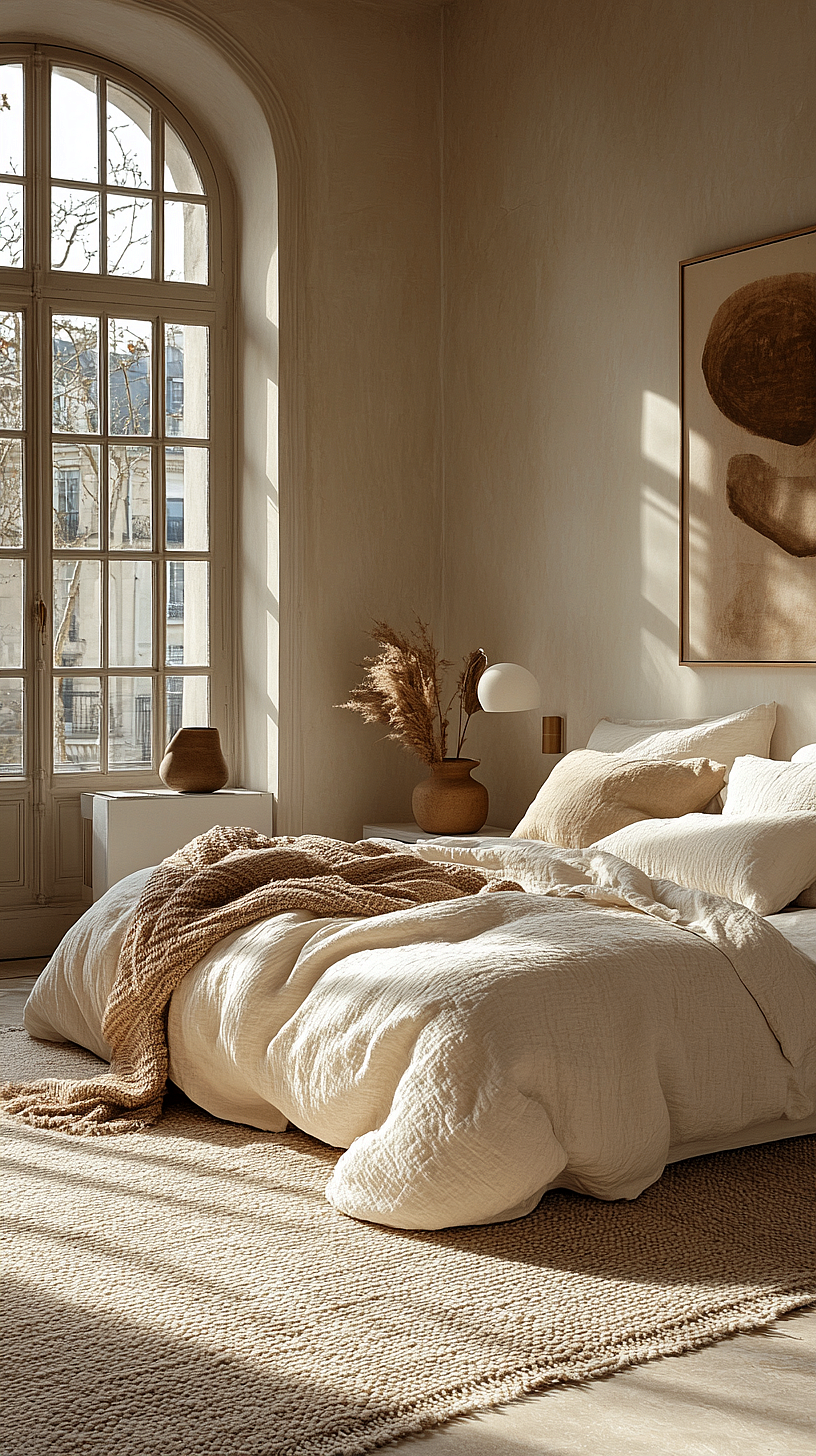 Spacious, airy bedroom with a large arched window letting in natural light, decorated in calming neutral tones. A cozy chunky-knitted blanket is laid on the bed. An abstract art piece on the wall adds a splash of creativity.