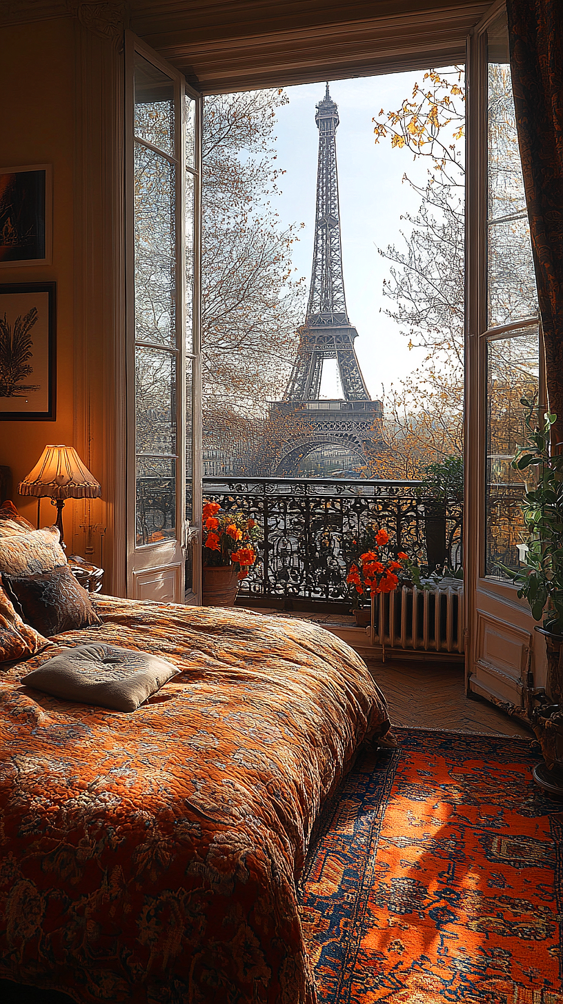 Cozy, earth-toned bedroom with a view of the Eiffel Tower from the balcony. The room features a decorative bedspread, vibrant flowers, and a warm, inviting atmosphere that combines comfort and style.