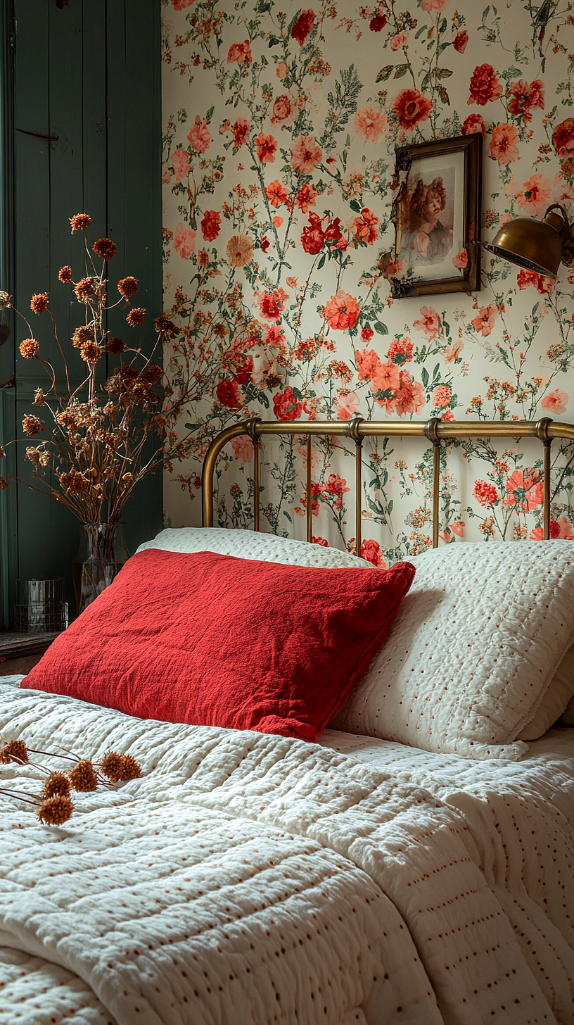 A cozy bedroom with warm-toned floral wallpaper and a metal bed with white bedding and a standout red cushion. Features include a vase with dried flowers, a framed picture, and a brass wall lamp for a vintage touch.