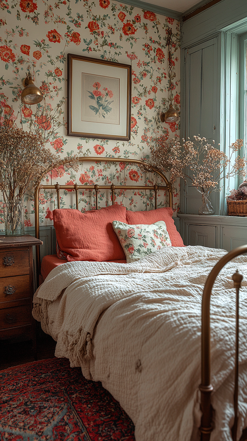 Cozy vintage-themed bedroom featuring floral wallpaper, a brass headboard, red pillows, dried foliage in vases, and a wooden nightstand, creating a warm, comforting, and homely atmosphere.