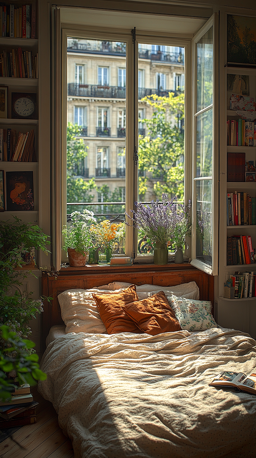 A light-filled, cozy bedroom with a large window showcasing an urban view. An inviting, unmade bed is surrounded by bookshelves, with plants and flowers on the windowsill adding a touch of nature. The room embodies a comfortable and stylish aesthetic.