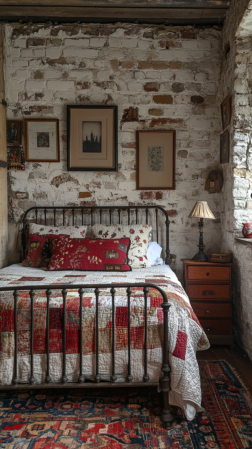 A cozy, rustic bedroom featuring a metal-framed bed with a striking red and white quilt, a vintage-style lamp on a wooden nightstand, and whitewashed exposed brick walls adorned with art, creating a warm and inviting atmosphere.