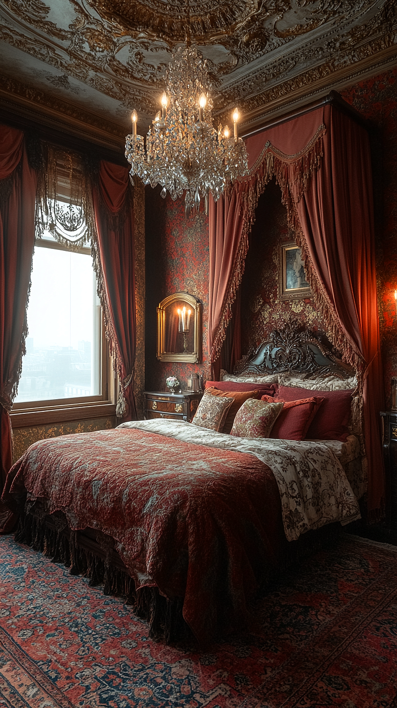 Vintage elegant bedroom with a luxurious chandelier, intricately designed ceiling, and a bed draped in rich, dark red patterned fabric. Decorative elements adorn the walls and curtains, with a decorative rug adding to the opulence. A mirror is mounted above a small table holding a floral arrangement.