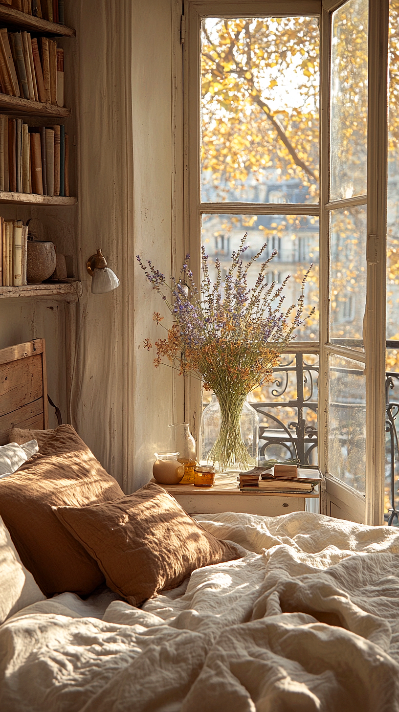 Cozy, rustic bedroom with earth-toned pillows and rumpled bedding, a large window showcasing autumn leaves, a small table with a vase of flowers, glass jars and an open book, and bookshelves above the bed.