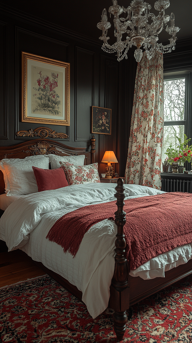 Image of an elegantly decorated bedroom featuring an ornate wooden bed with crisp white linens and vibrant red accents. The room includes a floral patterned rug, artwork, curtains, a chandelier, and plants on the windowsill. The dark paneled walls enhance the coziness of the space.