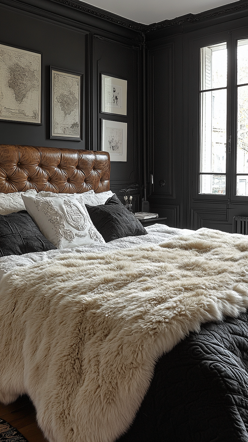 A cozy and chic bedroom design featuring dark walls, a large window, a bed with a tufted leather headboard, cream-colored throw, black and white decorative pillows, and framed artwork above the bed.