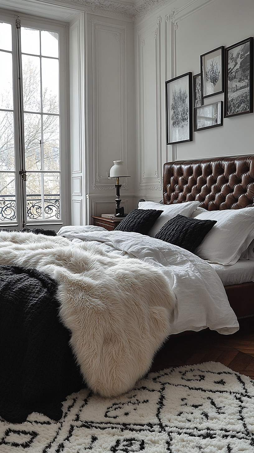A stylish and comfortable bedroom with a large, leather upholstered bed, black and white artwork on the wall, and a patterned rug. A large window lets in natural light and offers a view of trees. The room emanates an upscale and inviting atmosphere.