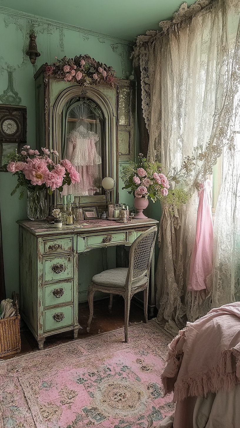 Vintage, shabby chic-style bedroom featuring a distressed ornate vanity, pink accents in vases and framed photos, a lace curtain, a delicate dress on display, pastel green walls and a patterned rug, creating a cozy, lived-in atmosphere with a strong feminine charm.