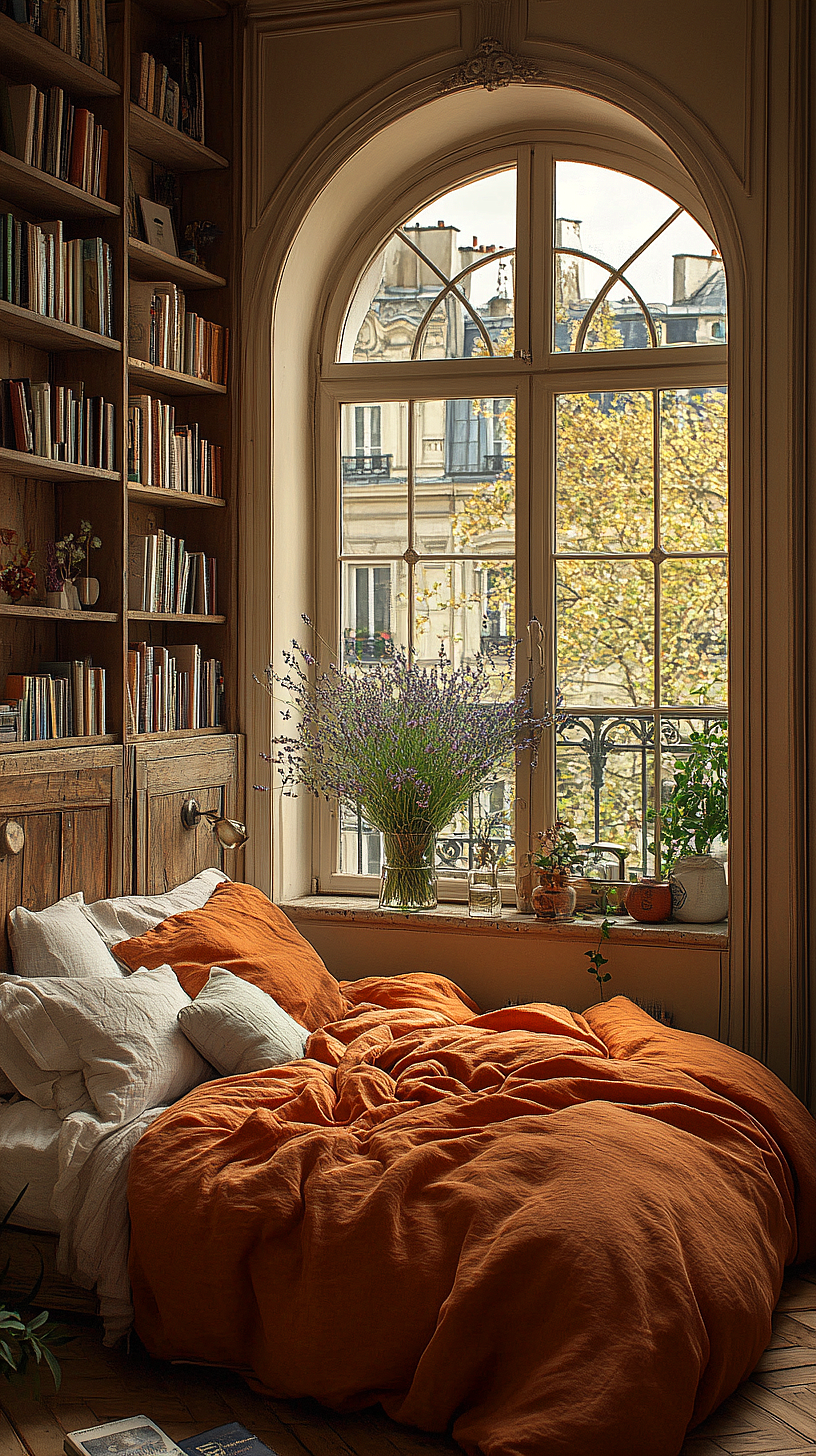 Cozy bedroom setup with a large window providing natural light and serene outdoor views. An inviting bed with orange bedding and white pillows, next to a bookshelf filled with books. Vase of lavender and potted plants on the window ledge add freshness to the room.