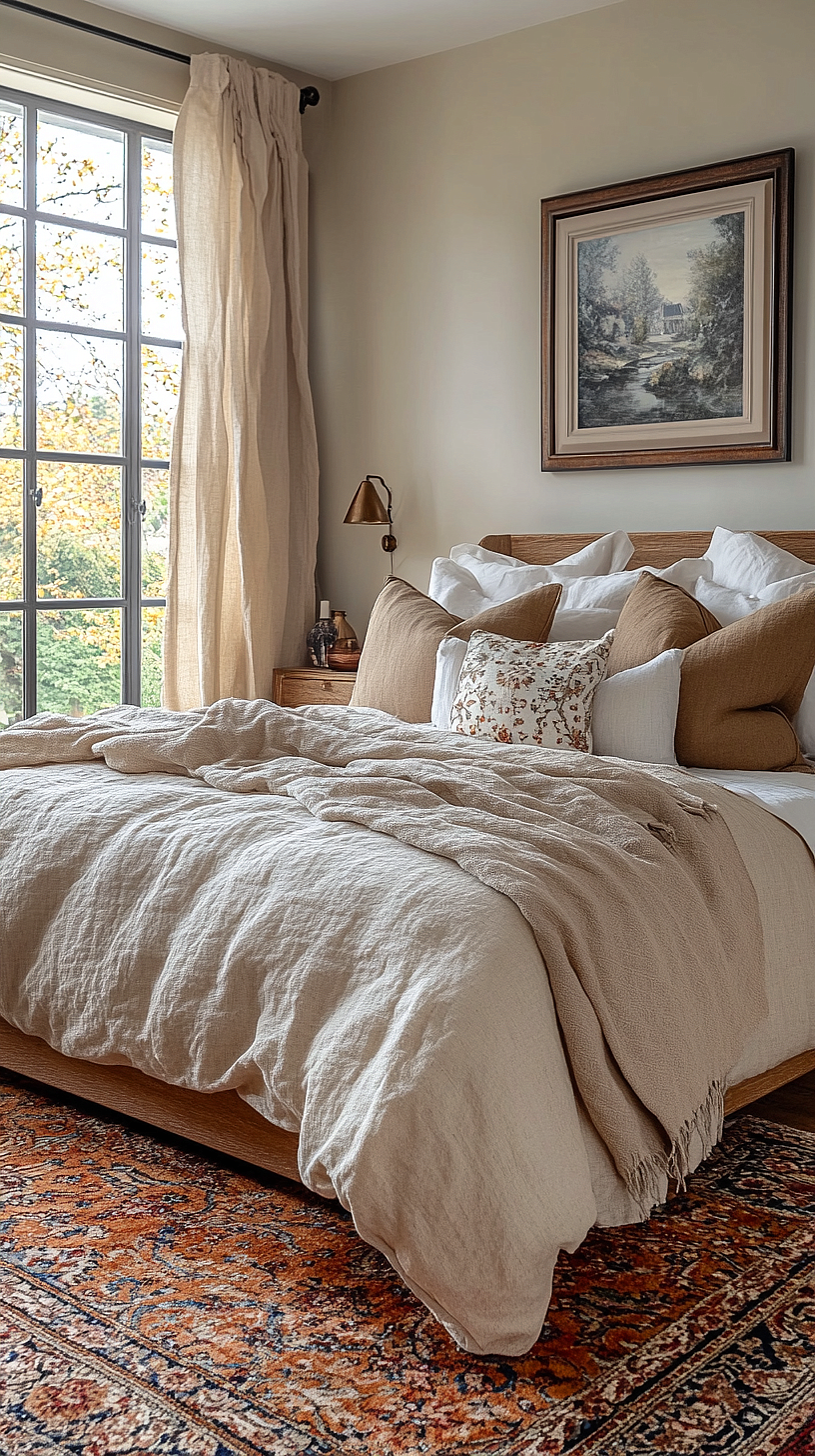 Cozy bedroom with beige linens and brown, floral patterned throw pillows on the bed, a wooden nightstand with decorative items, a brass wall lamp, a large window with beige curtains, a framed landscape painting, and a patterned rug.