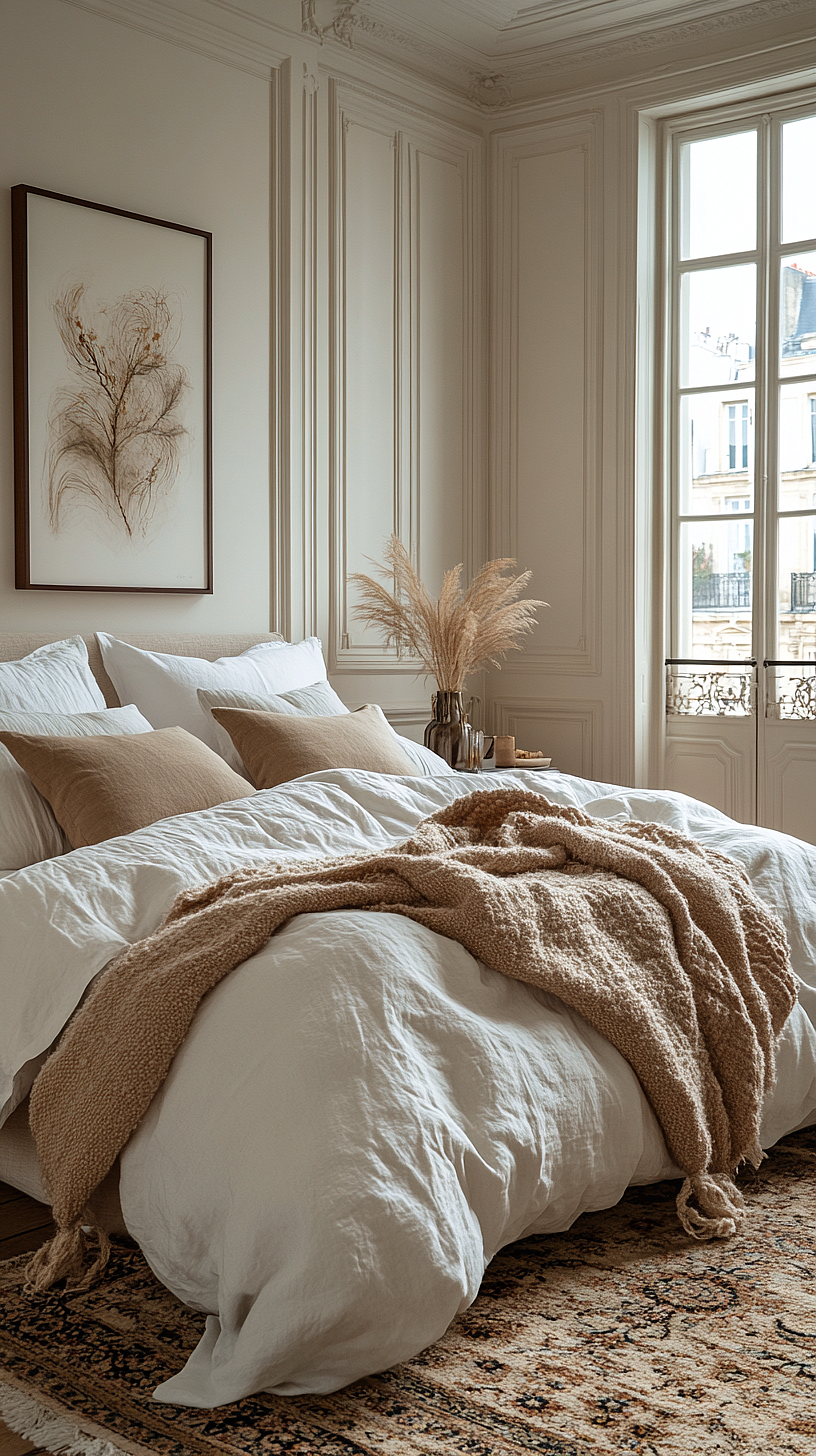 Elegant bedroom with a large bed covered in white and beige bedding, framed artwork on the wall, and a vase with dried pampas grass. Natural light streams through a large window, illuminating the intricate wall paneling and patterned rug, creating a cozy and sophisticated atmosphere.