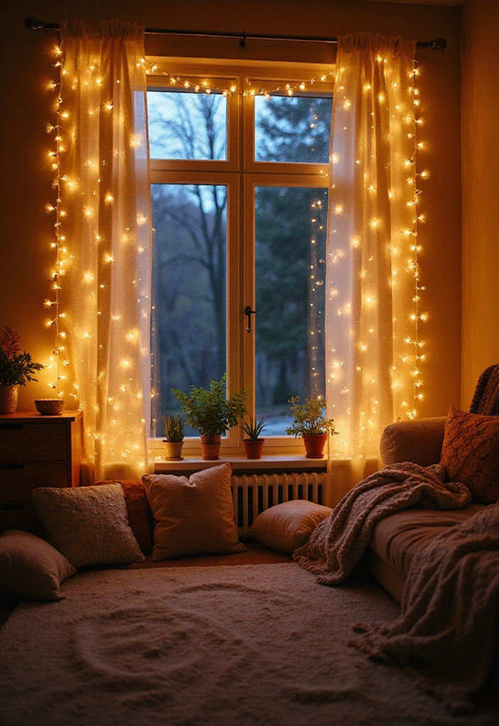 20 Cozy Farmhouse Living Room Ideas That'll Make You Want to Stay In (#9 is Pure Magic!) - 9. Magical Twinkling Lights