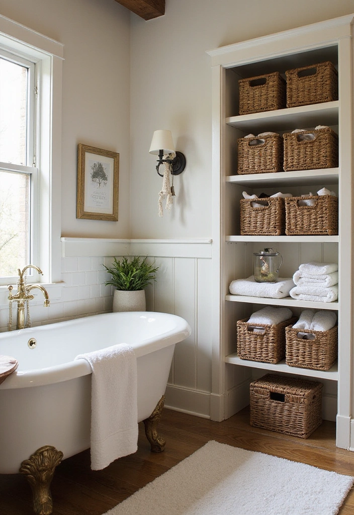21 Stunning Farmhouse Bathroom Ideas That Will Transform Your Space (And #8 Is a Must-See!) - 17. Rustic Storage Solutions