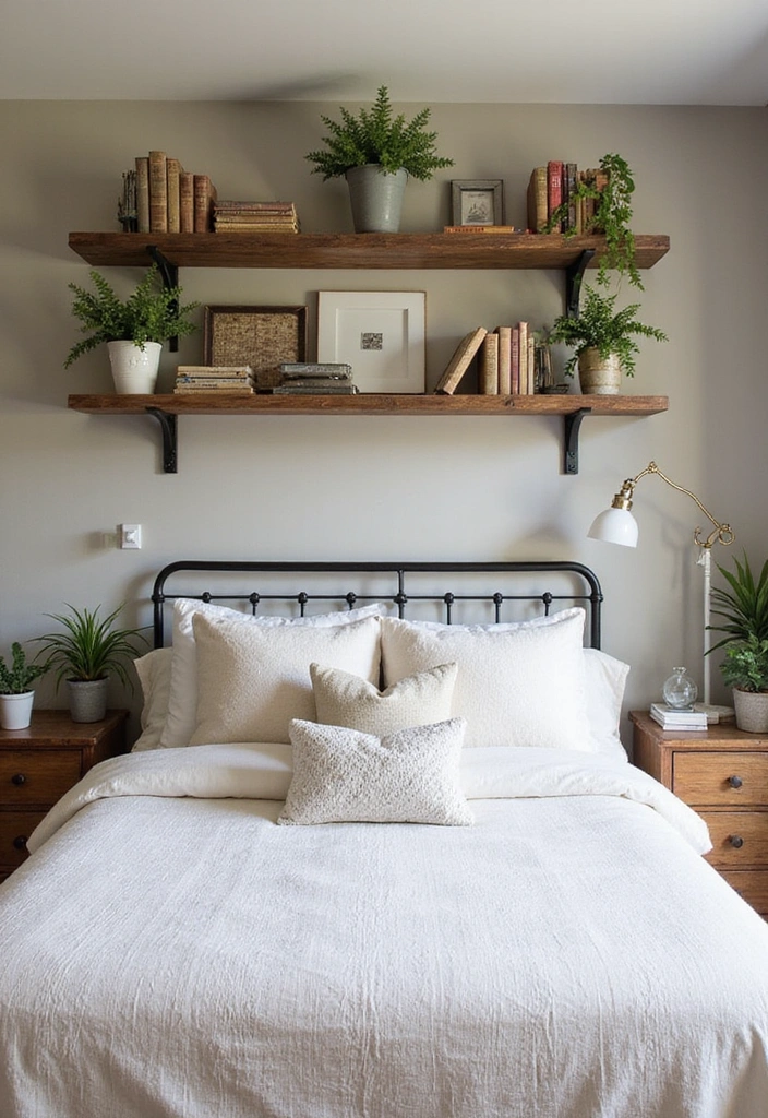 22 Cozy Farmhouse Bedroom Ideas That'll Make You Want to Snuggle In! - 13. Open Shelving for Decor