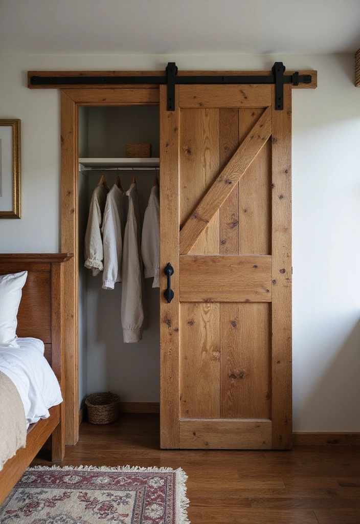 22 Cozy Farmhouse Bedroom Ideas That'll Make You Want to Snuggle In! - 1. Rustic Charm with Barn Door Accents