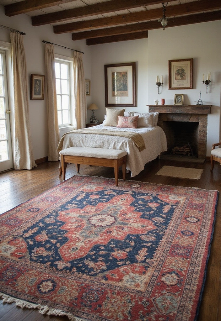 22 Cozy Farmhouse Bedroom Ideas That'll Make You Want to Snuggle In! - 12. Vintage Rugs for Warmth